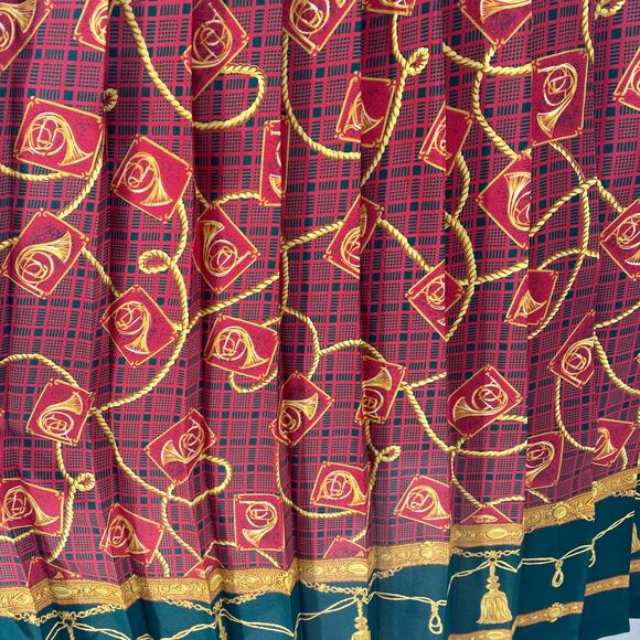 Vintage 80s Pleated Midi Skirt French Horns Mixed Print Pull on Maroon Green S - Picture 2 of 8